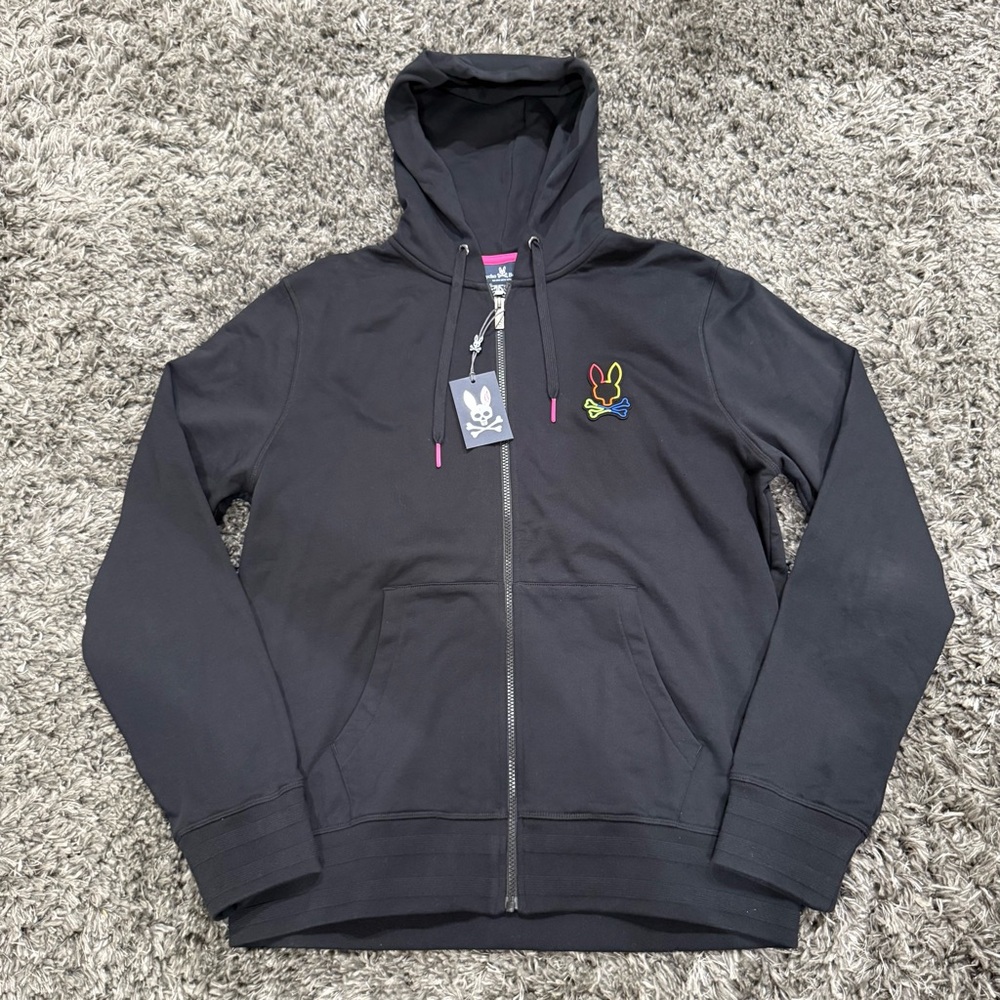 Psycho Bunny Men's Full Zip Leo Bunny Hoodie in Black, Size L